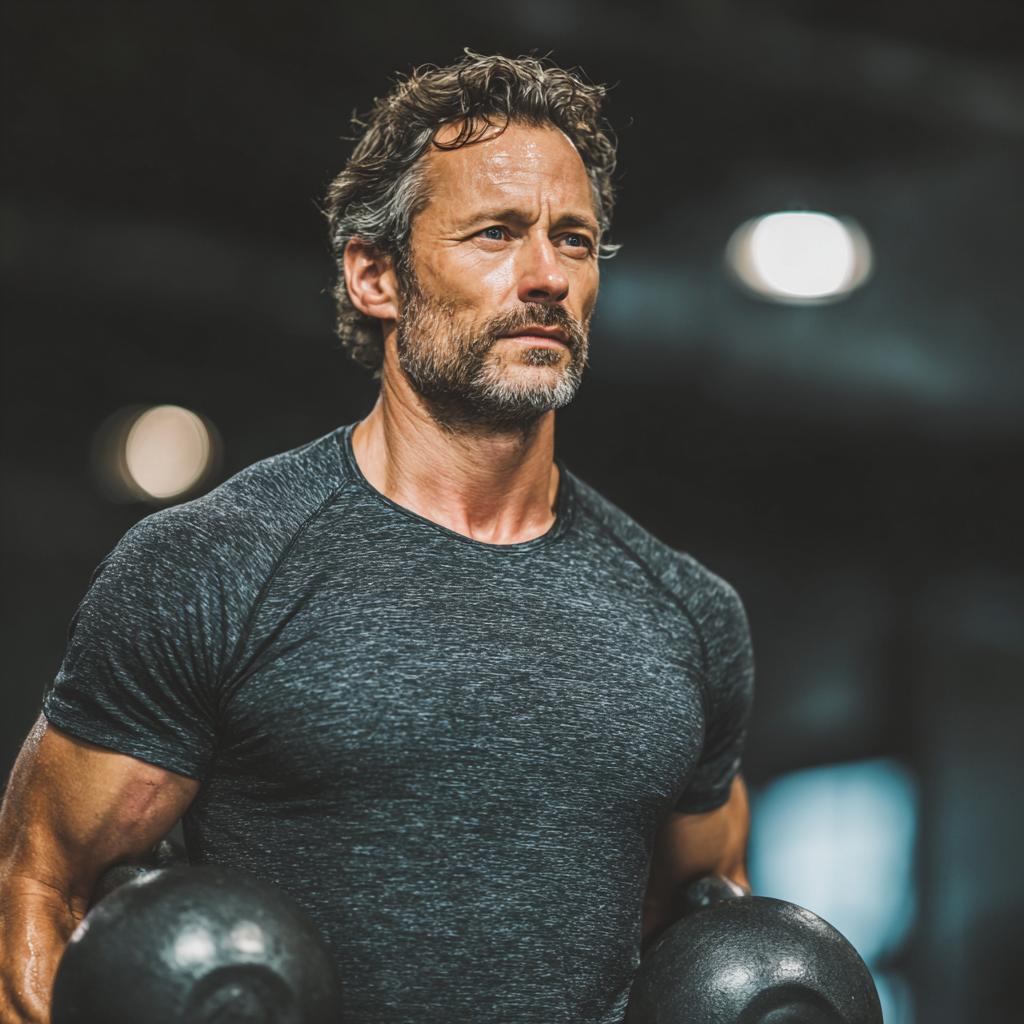 Athletic middle-aged man in his forties performing functional training exercises with kettlebells in a modern gym setting, demonstrating proper form and concentration