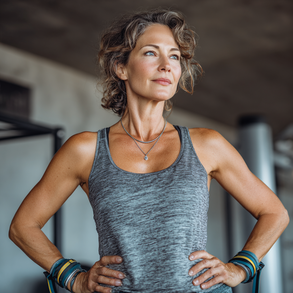 Confident woman in her fifties demonstrating balance and strength exercises using resistance bands in a bright fitness studio, showing proper technique and focus